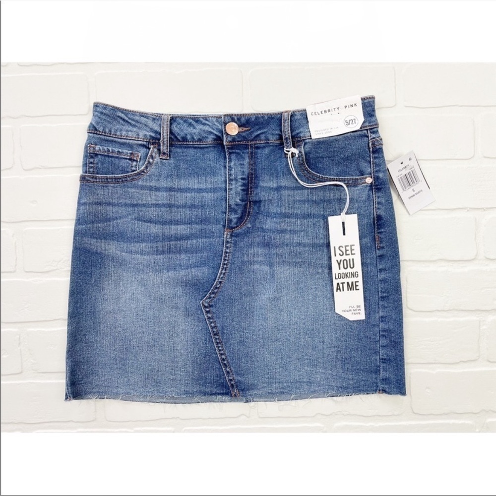 Celebrity Pink Denim Mini Skirt Raw Hem Blue Jean Skirt Size 5/27